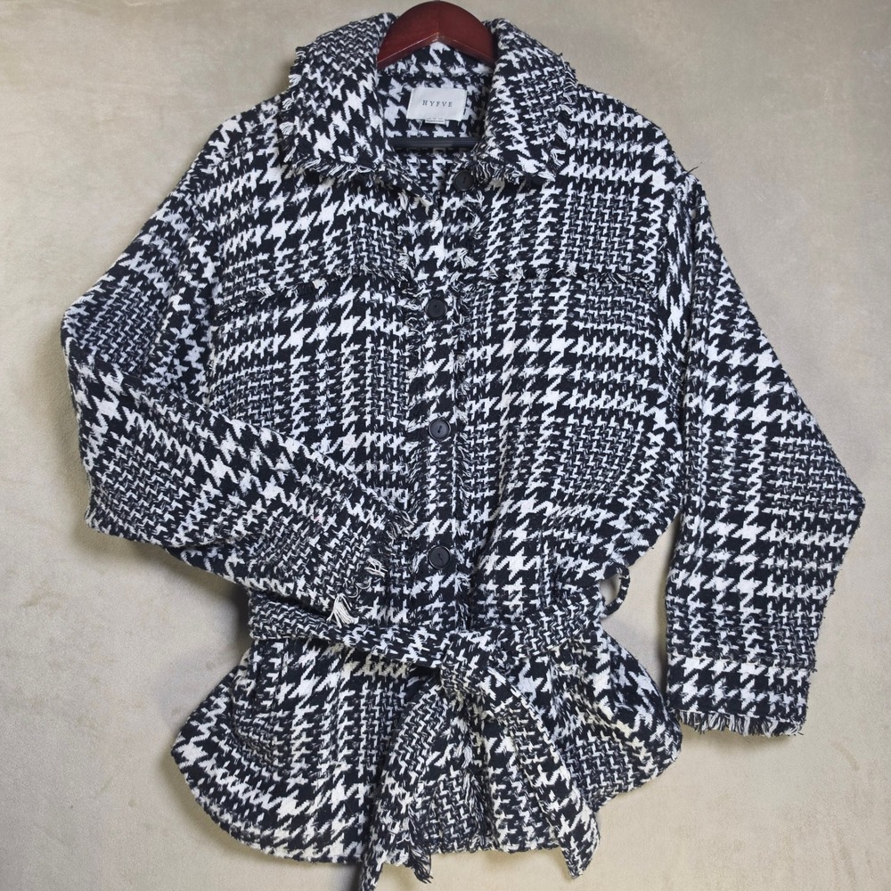 Hyfve Black White Houndstooth Belted Shacket Jacket Frayed Hem Womens Large